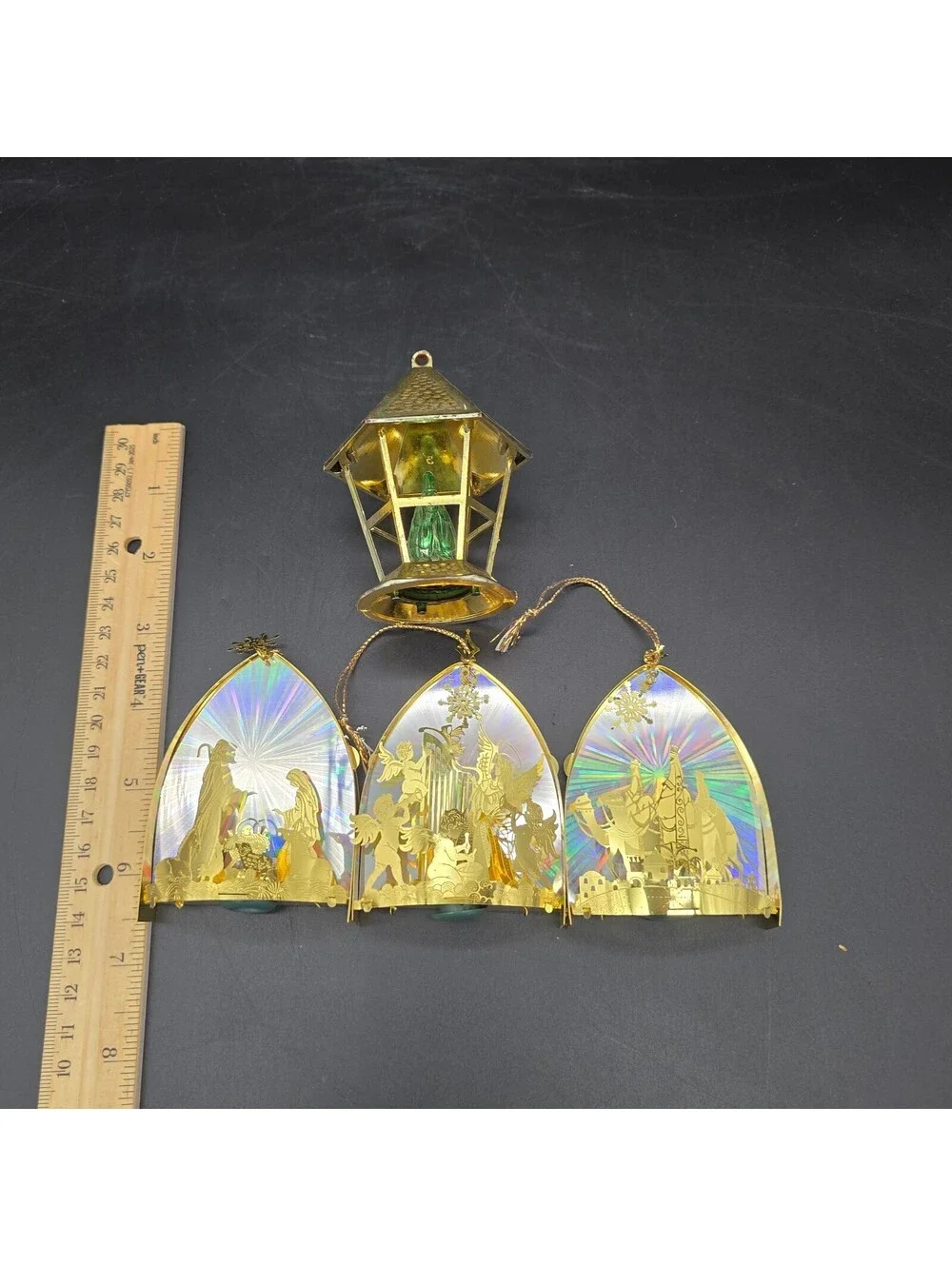 Vintage Christmas Ornament 3D Brass Holographic Nativity Triptych MCM Lantern